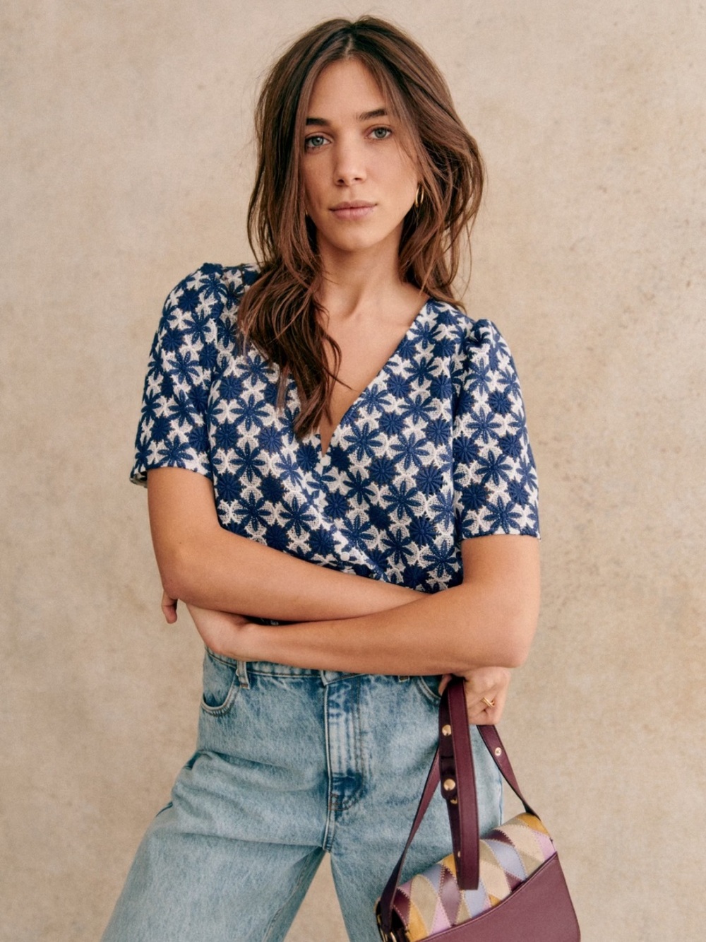 Sezane Emma Blouse Ecru Navy - Size 10